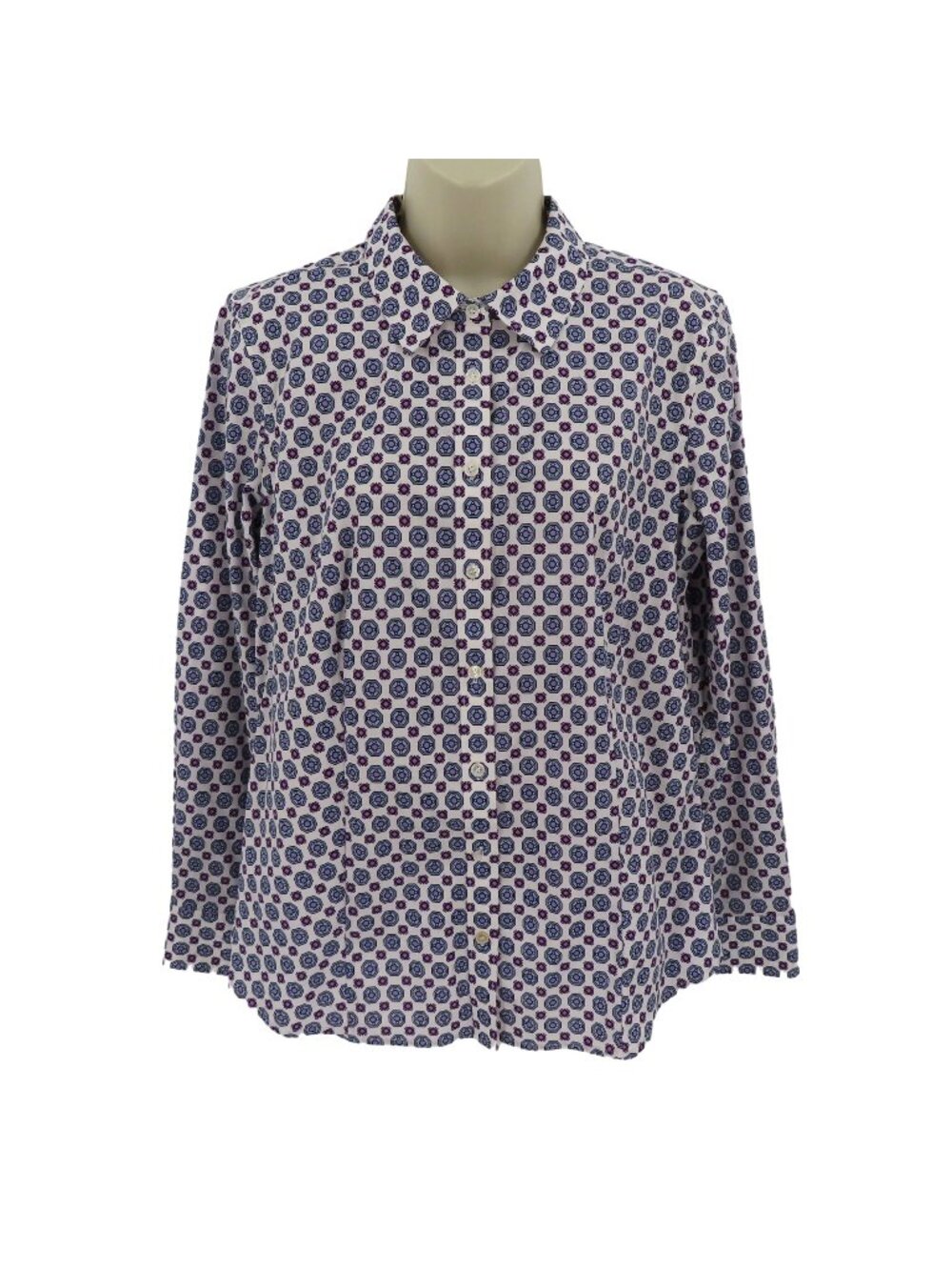 Talbots Women 10 Non Iron Purple Blue Geometric Collar Button Shirt Top Blouse